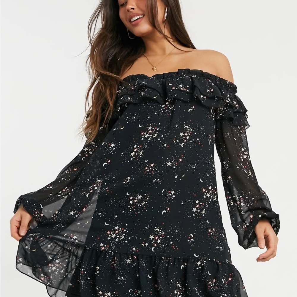 Skylar Rose off shoulder ruffle shift dress in celestial print